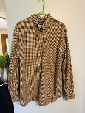 Ralph Lauren Men's Brown and Tan Micro-Check Button-Down Shirt
